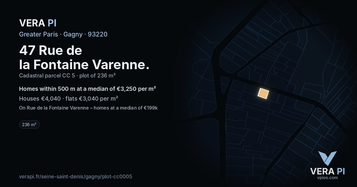 47 Rue de la Fontaine Varenne, Gagny at night – the plot lit, the parcels around coloured by the prices near them