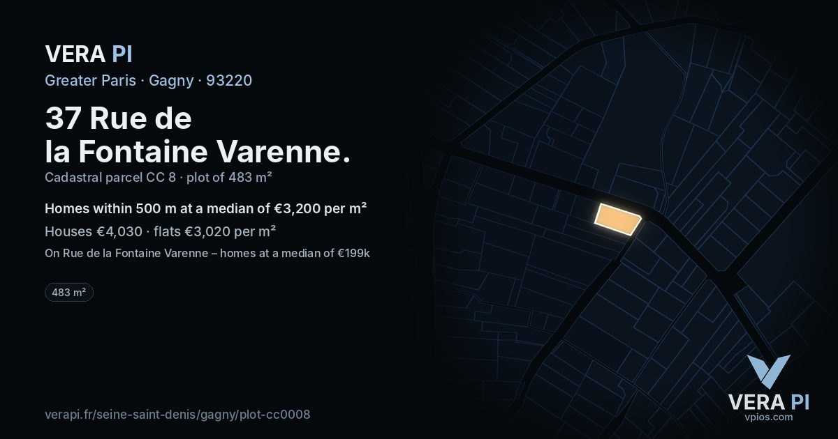 37 Rue de la Fontaine Varenne, Gagny at night – the plot lit, the parcels around coloured by the prices near them
