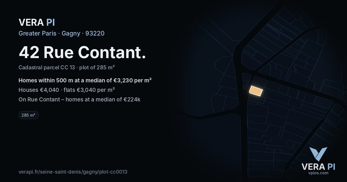 42 Rue Contant, Gagny at night – the plot lit, the parcels around coloured by the prices near them