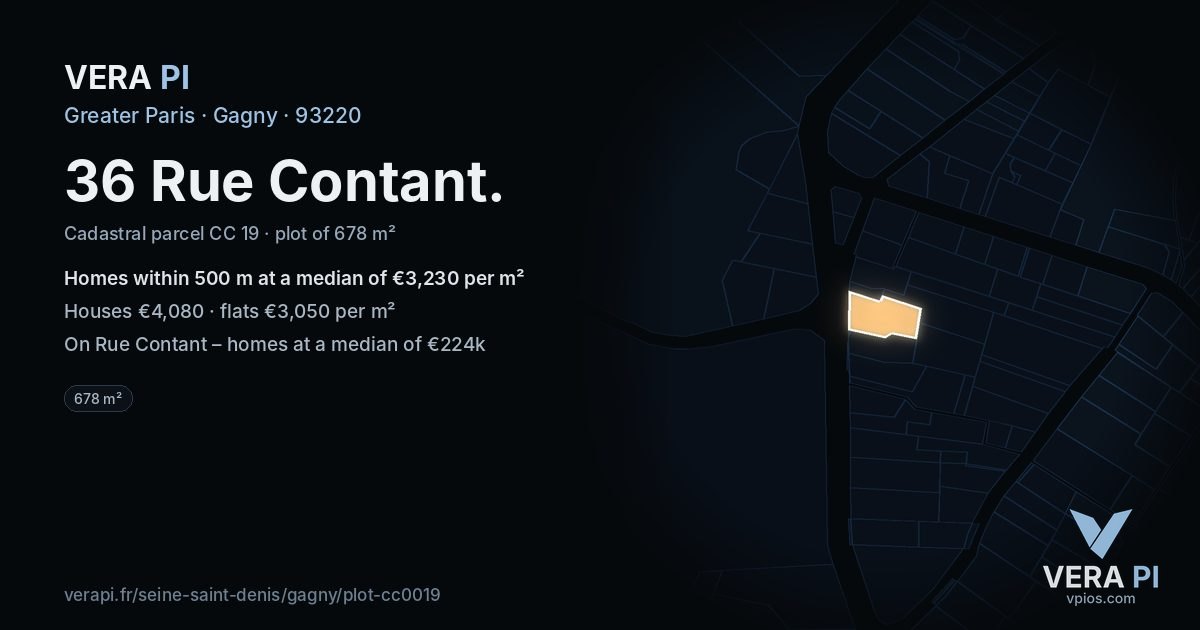36 Rue Contant, Gagny at night – the plot lit, the parcels around coloured by the prices near them
