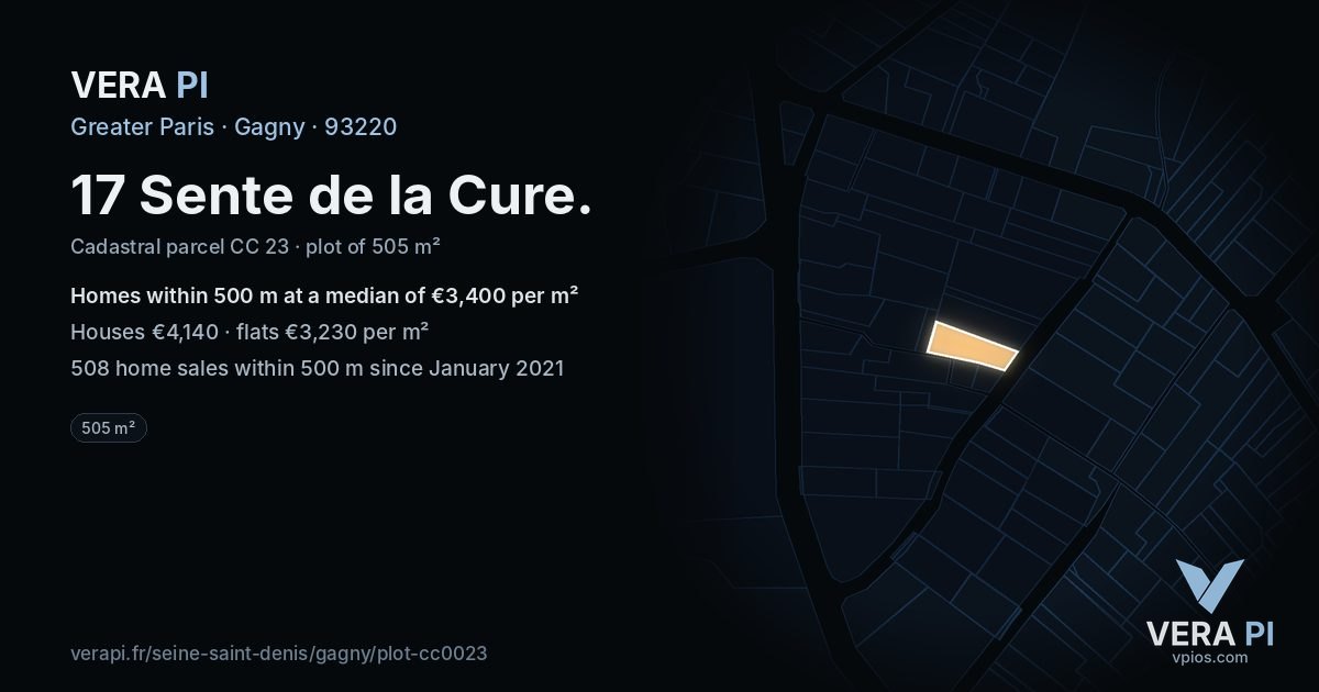 17 Sente de la Cure, Gagny at night – the plot lit, the parcels around coloured by the prices near them