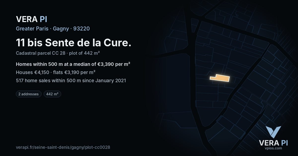 11 bis Sente de la Cure, Gagny at night – the plot lit, the parcels around coloured by the prices near them