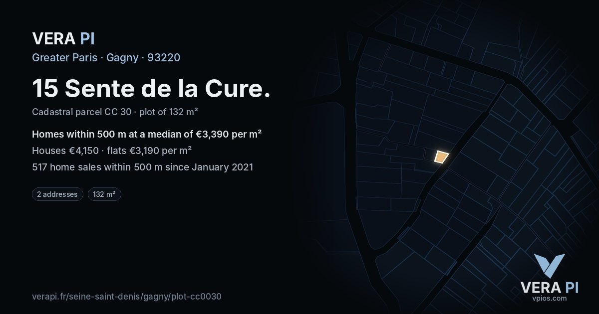 15 Sente de la Cure, Gagny at night – the plot lit, the parcels around coloured by the prices near them