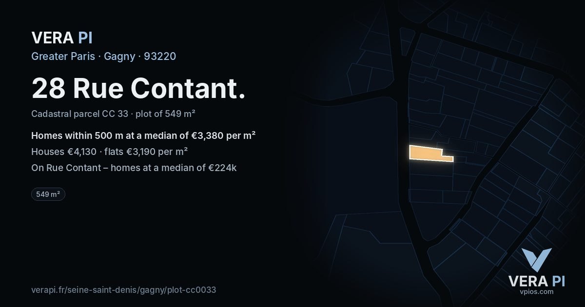 28 Rue Contant, Gagny at night – the plot lit, the parcels around coloured by the prices near them