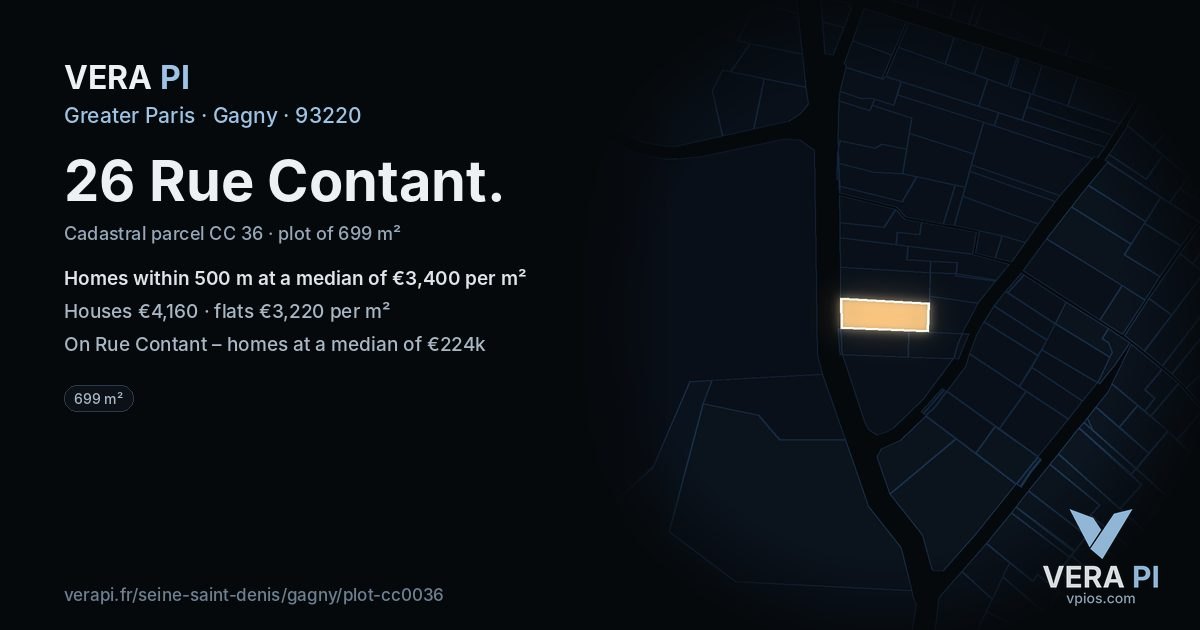 26 Rue Contant, Gagny at night – the plot lit, the parcels around coloured by the prices near them