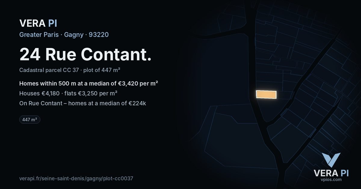 24 Rue Contant, Gagny at night – the plot lit, the parcels around coloured by the prices near them