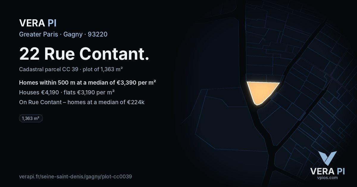 22 Rue Contant, Gagny at night – the plot lit, the parcels around coloured by the prices near them