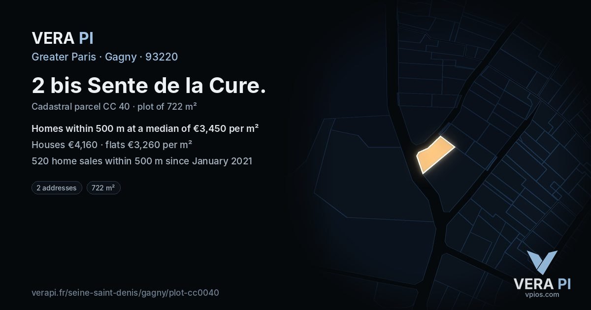2 bis Sente de la Cure, Gagny at night – the plot lit, the parcels around coloured by the prices near them