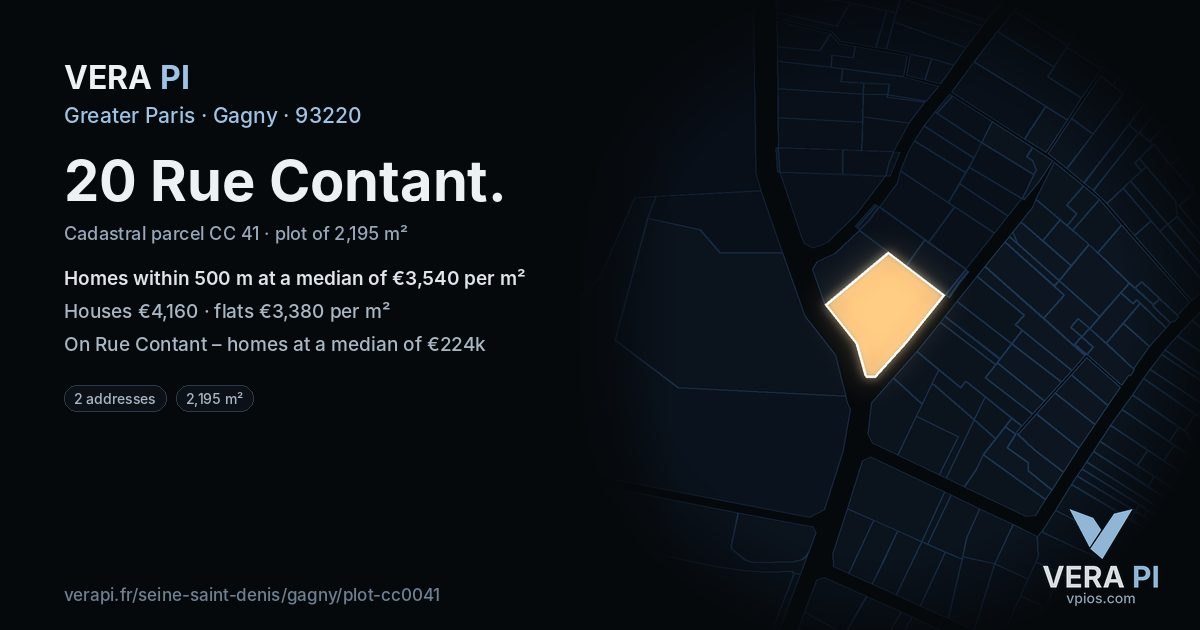 20 Rue Contant, Gagny at night – the plot lit, the parcels around coloured by the prices near them