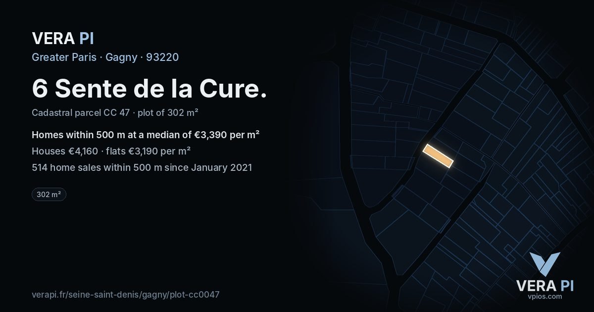 6 Sente de la Cure, Gagny at night – the plot lit, the parcels around coloured by the prices near them
