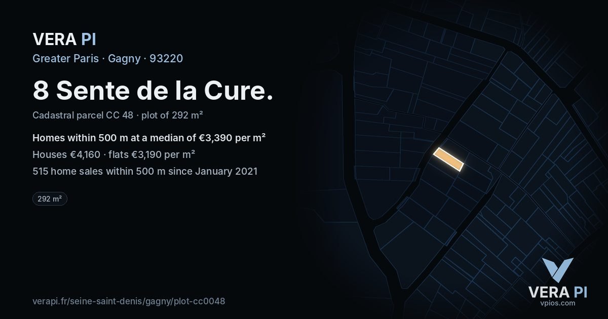 8 Sente de la Cure, Gagny at night – the plot lit, the parcels around coloured by the prices near them