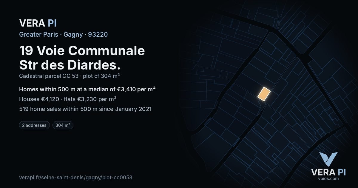 19 Voie Communale Str des Diardes, Gagny at night – the plot lit, the parcels around coloured by the prices near them