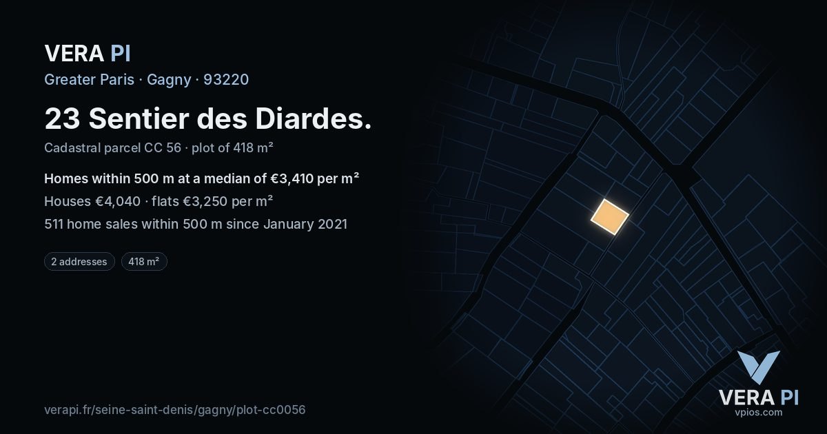 23 Sentier des Diardes, Gagny at night – the plot lit, the parcels around coloured by the prices near them