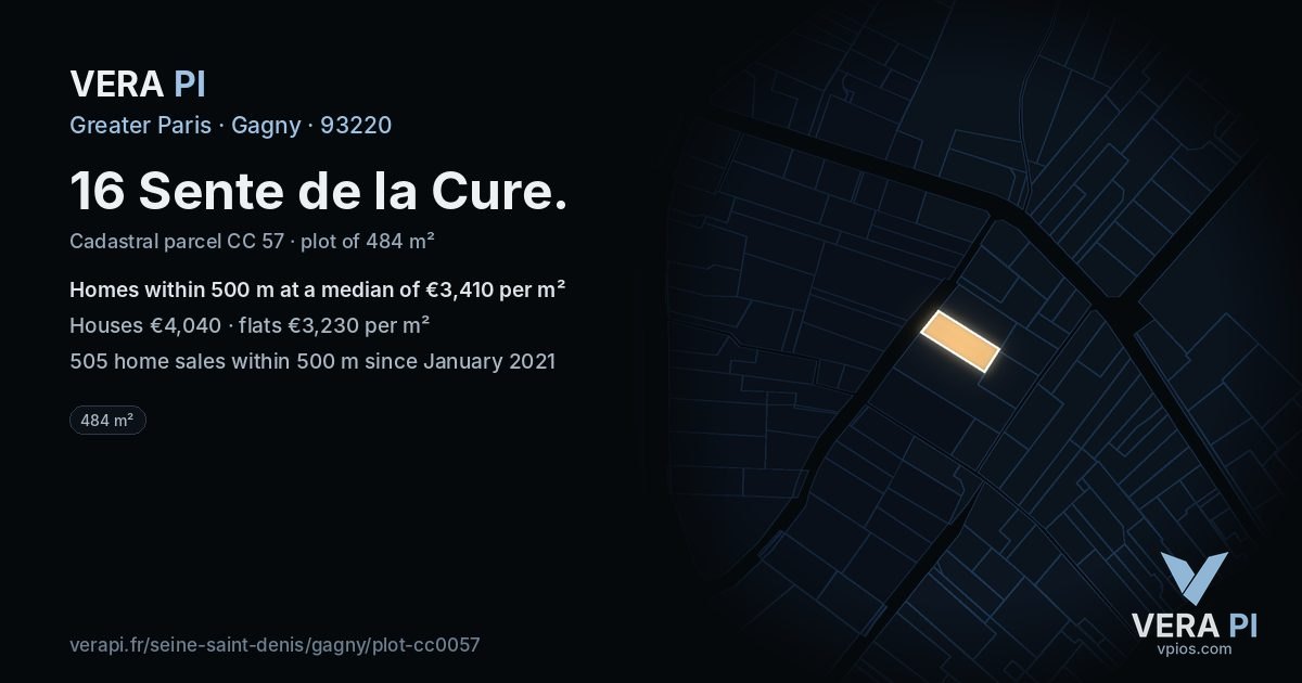 16 Sente de la Cure, Gagny at night – the plot lit, the parcels around coloured by the prices near them