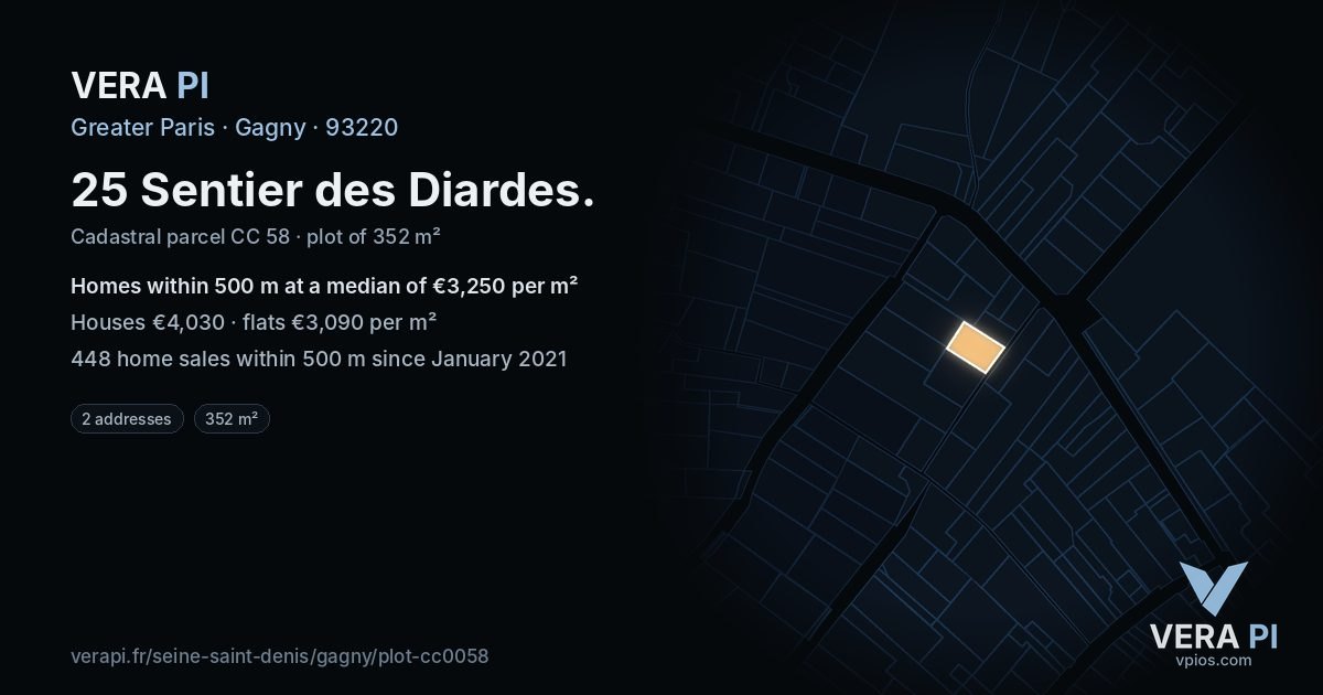 25 Sentier des Diardes, Gagny at night – the plot lit, the parcels around coloured by the prices near them