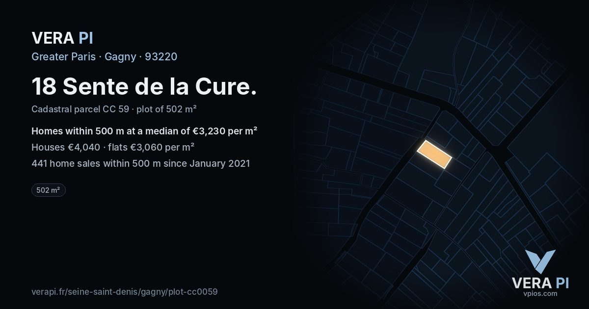 18 Sente de la Cure, Gagny at night – the plot lit, the parcels around coloured by the prices near them