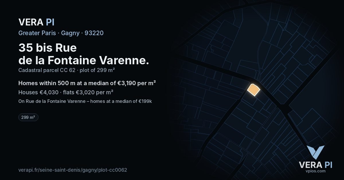 35 bis Rue de la Fontaine Varenne, Gagny at night – the plot lit, the parcels around coloured by the prices near them