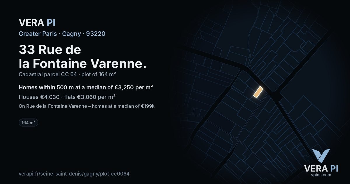 33 Rue de la Fontaine Varenne, Gagny at night – the plot lit, the parcels around coloured by the prices near them