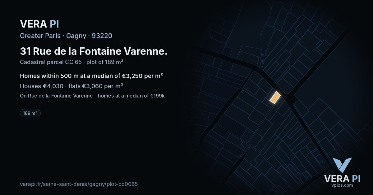 31 Rue de la Fontaine Varenne, Gagny at night – the plot lit, the parcels around coloured by the prices near them