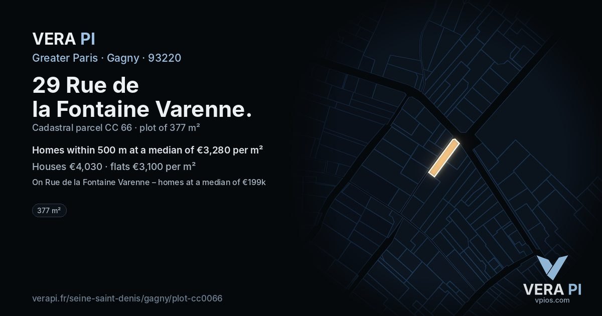 29 Rue de la Fontaine Varenne, Gagny at night – the plot lit, the parcels around coloured by the prices near them