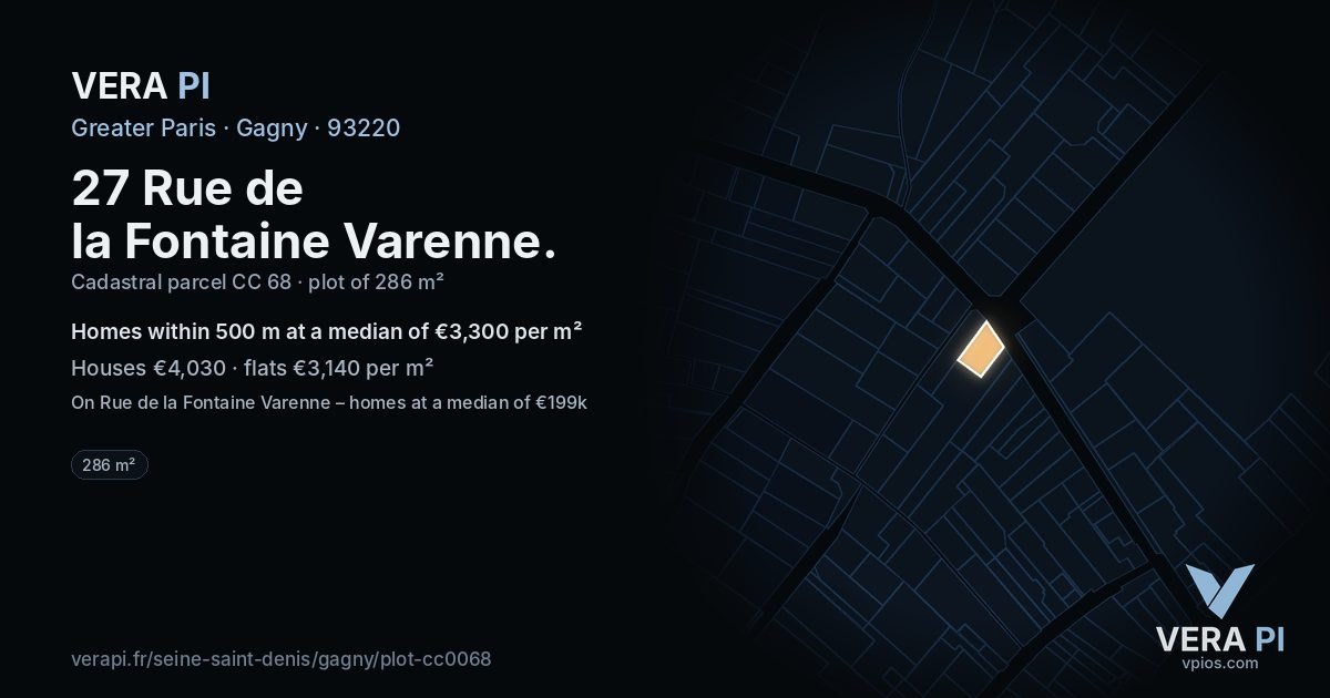 27 Rue de la Fontaine Varenne, Gagny at night – the plot lit, the parcels around coloured by the prices near them