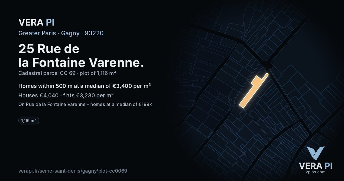 25 Rue de la Fontaine Varenne, Gagny at night – the plot lit, the parcels around coloured by the prices near them
