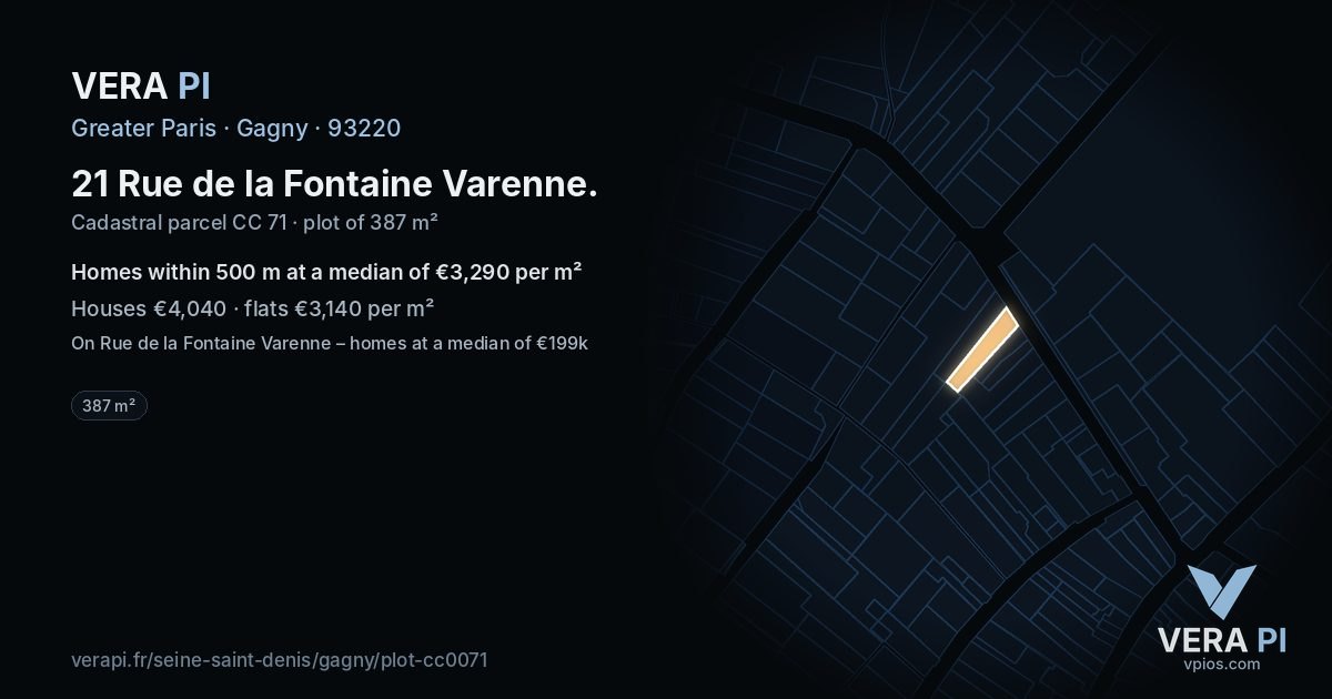 21 Rue de la Fontaine Varenne, Gagny at night – the plot lit, the parcels around coloured by the prices near them