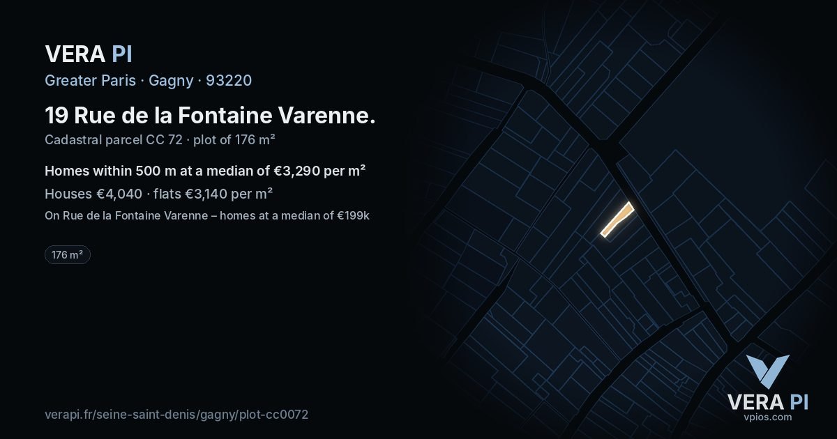 19 Rue de la Fontaine Varenne, Gagny at night – the plot lit, the parcels around coloured by the prices near them