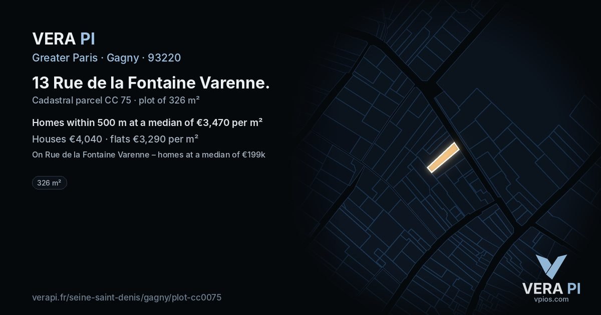 13 Rue de la Fontaine Varenne, Gagny at night – the plot lit, the parcels around coloured by the prices near them