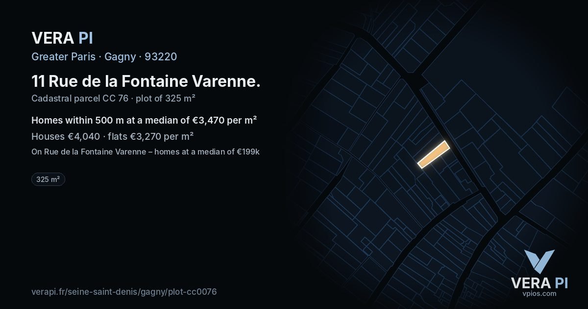 11 Rue de la Fontaine Varenne, Gagny at night – the plot lit, the parcels around coloured by the prices near them