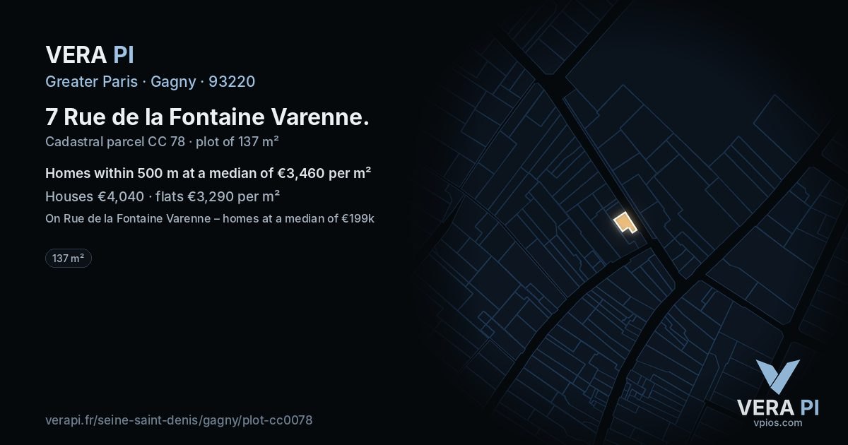 7 Rue de la Fontaine Varenne, Gagny at night – the plot lit, the parcels around coloured by the prices near them