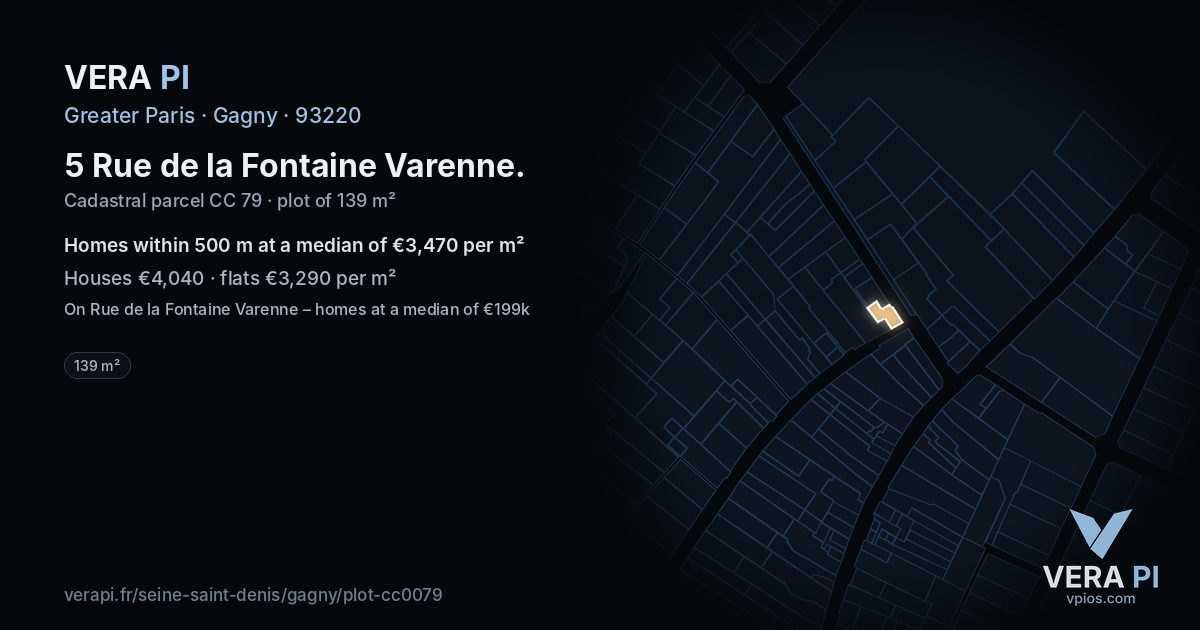 5 Rue de la Fontaine Varenne, Gagny at night – the plot lit, the parcels around coloured by the prices near them