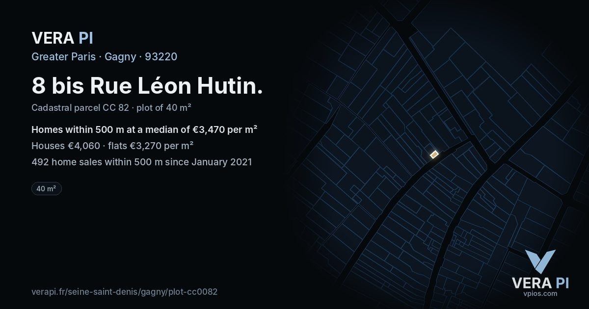 8 bis Rue Léon Hutin, Gagny at night – the plot lit, the parcels around coloured by the prices near them