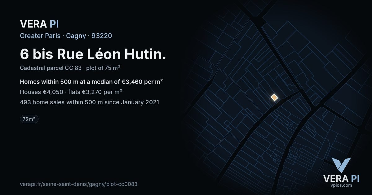 6 bis Rue Léon Hutin, Gagny at night – the plot lit, the parcels around coloured by the prices near them