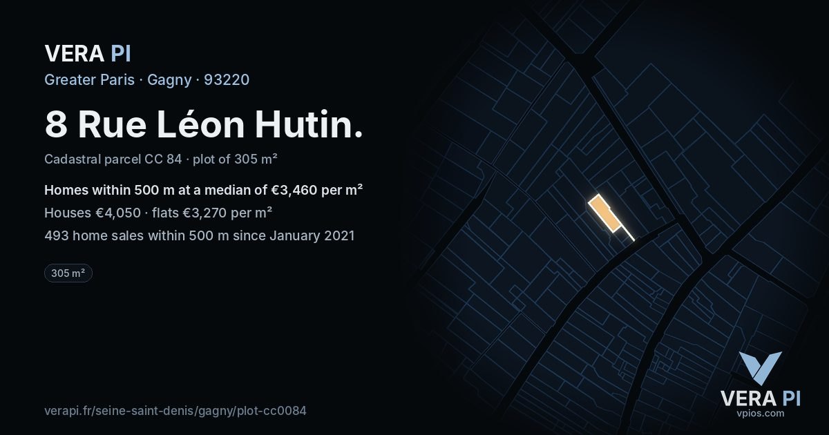 8 Rue Léon Hutin, Gagny at night – the plot lit, the parcels around coloured by the prices near them