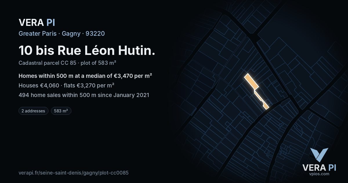 10 bis Rue Léon Hutin, Gagny at night – the plot lit, the parcels around coloured by the prices near them