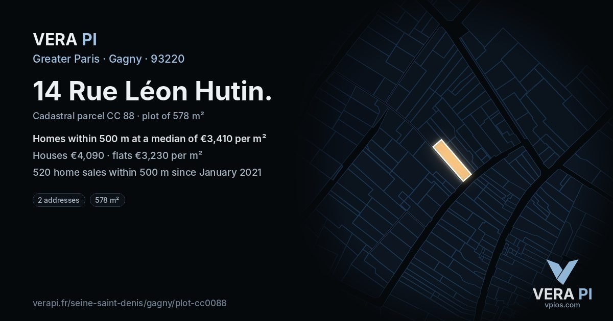 14 Rue Léon Hutin, Gagny at night – the plot lit, the parcels around coloured by the prices near them