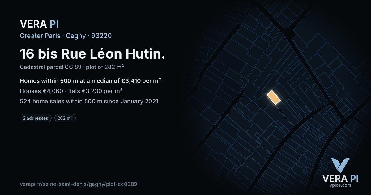 16 bis Rue Léon Hutin, Gagny at night – the plot lit, the parcels around coloured by the prices near them