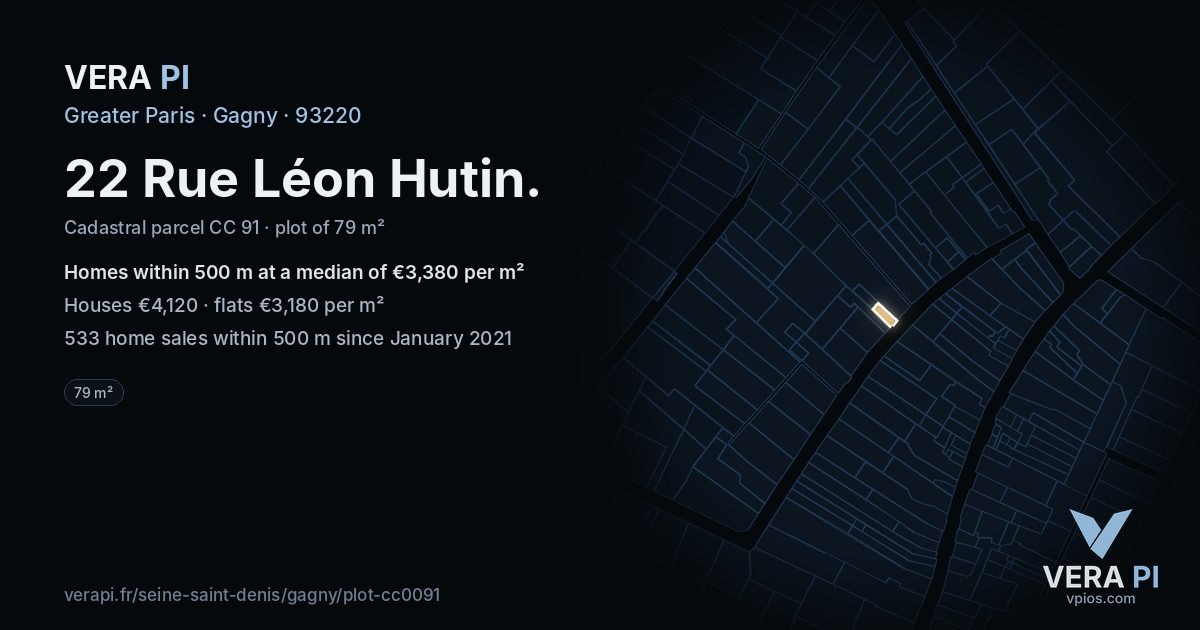 22 Rue Léon Hutin, Gagny at night – the plot lit, the parcels around coloured by the prices near them