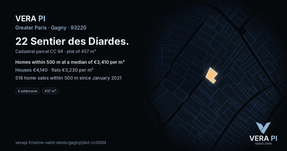 22 Sentier des Diardes, Gagny at night – the plot lit, the parcels around coloured by the prices near them