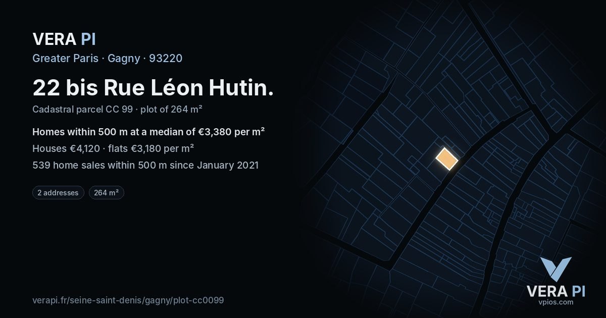 22 bis Rue Léon Hutin, Gagny at night – the plot lit, the parcels around coloured by the prices near them