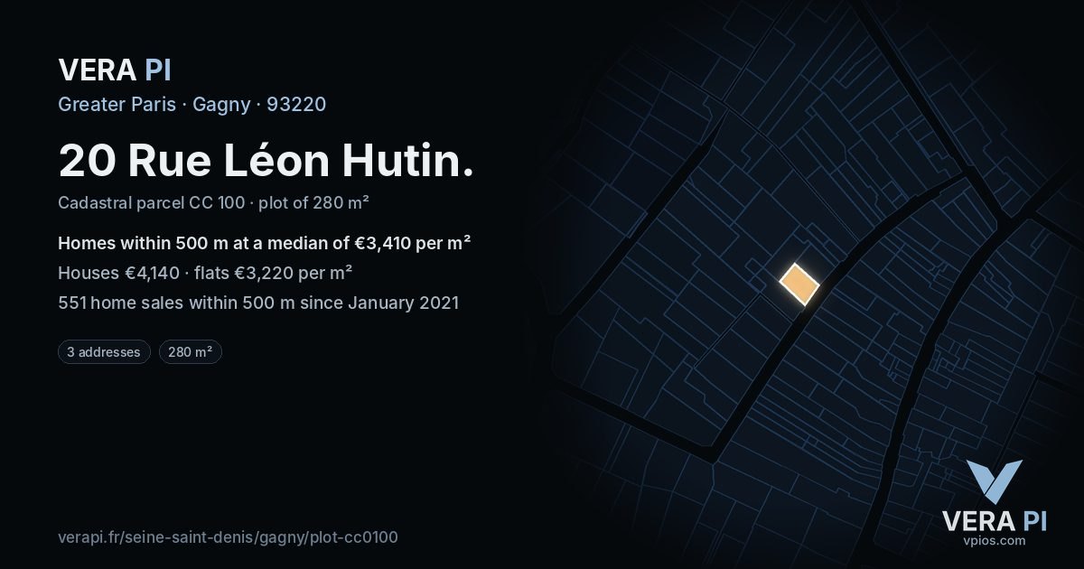 20 Rue Léon Hutin, Gagny at night – the plot lit, the parcels around coloured by the prices near them