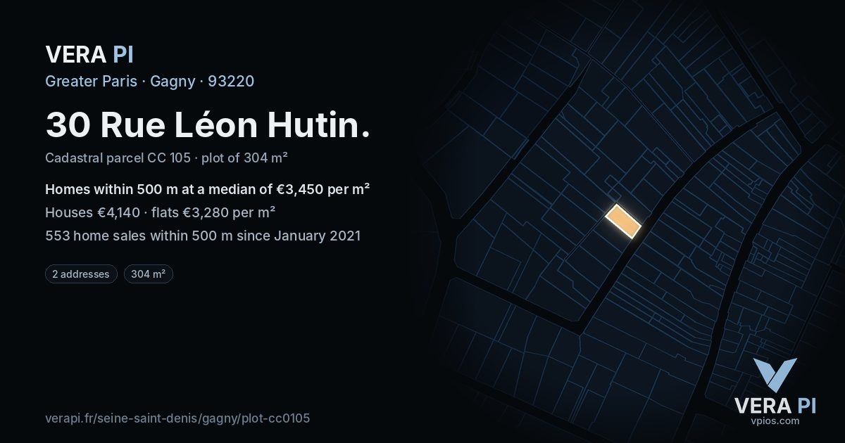 30 Rue Léon Hutin, Gagny at night – the plot lit, the parcels around coloured by the prices near them