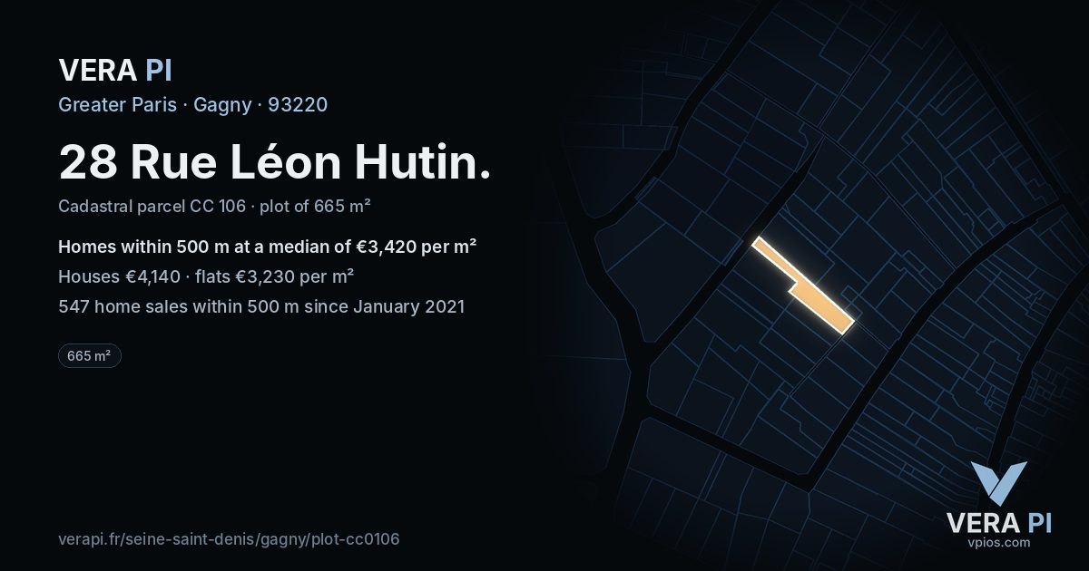 28 Rue Léon Hutin, Gagny at night – the plot lit, the parcels around coloured by the prices near them
