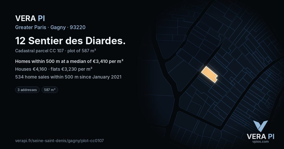 12 Sentier des Diardes, Gagny at night – the plot lit, the parcels around coloured by the prices near them
