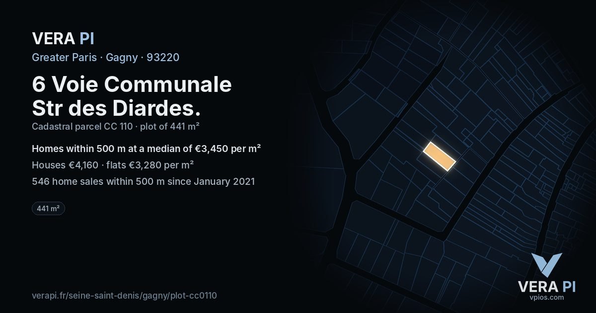 6 Voie Communale Str des Diardes, Gagny at night – the plot lit, the parcels around coloured by the prices near them