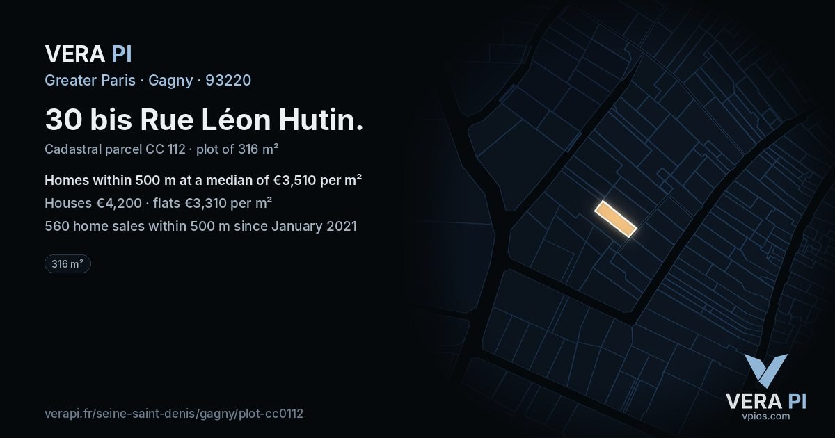 30 bis Rue Léon Hutin, Gagny at night – the plot lit, the parcels around coloured by the prices near them