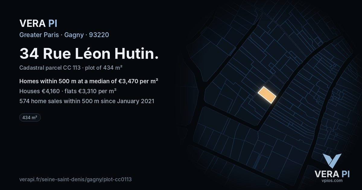 34 Rue Léon Hutin, Gagny at night – the plot lit, the parcels around coloured by the prices near them