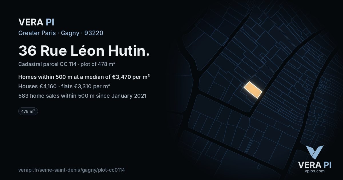 36 Rue Léon Hutin, Gagny at night – the plot lit, the parcels around coloured by the prices near them