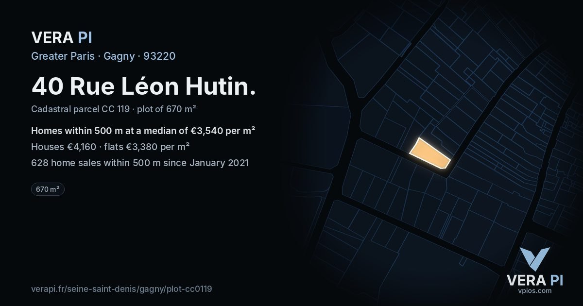 40 Rue Léon Hutin, Gagny at night – the plot lit, the parcels around coloured by the prices near them